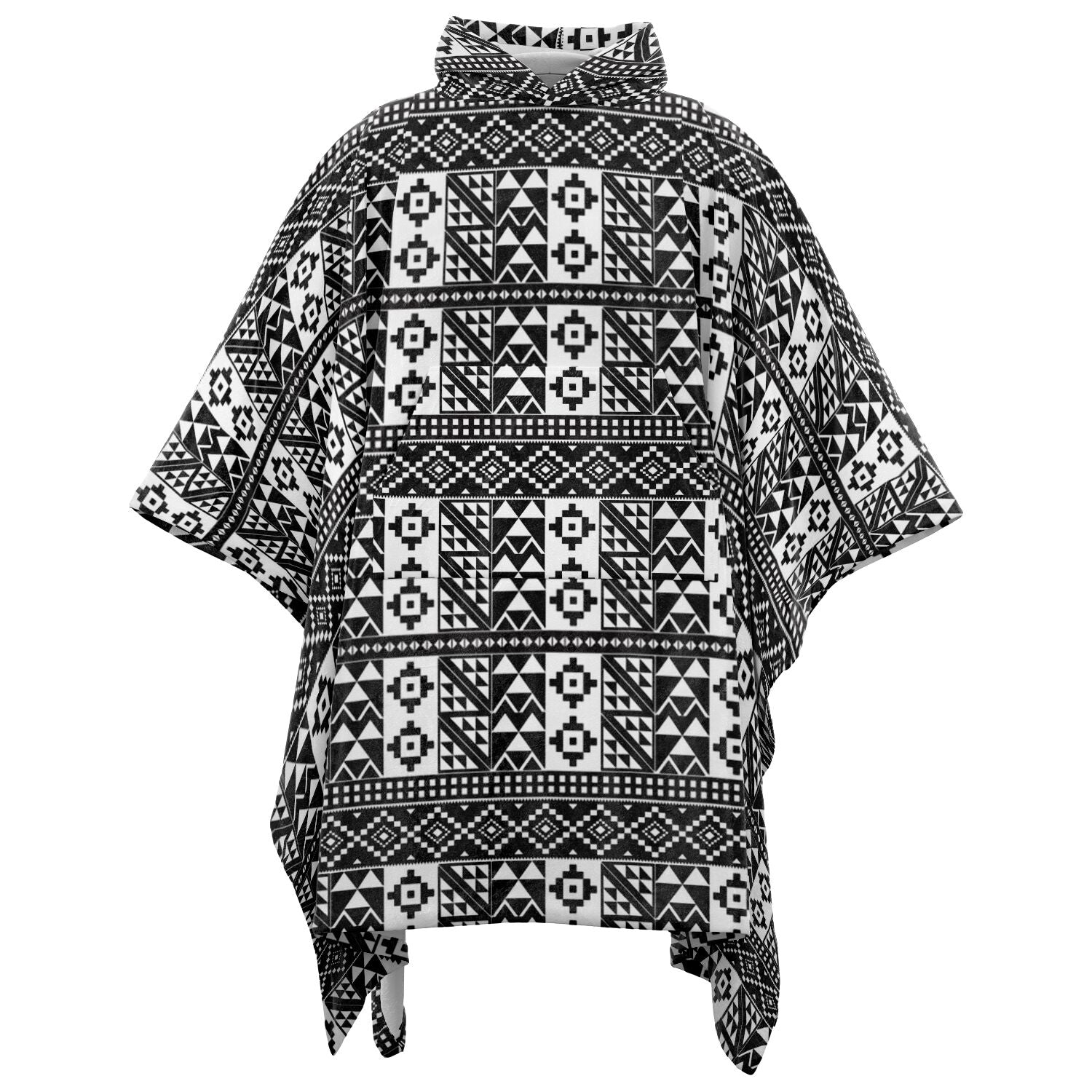 Black & White Kente Patterned Flannel Blanket Poncho