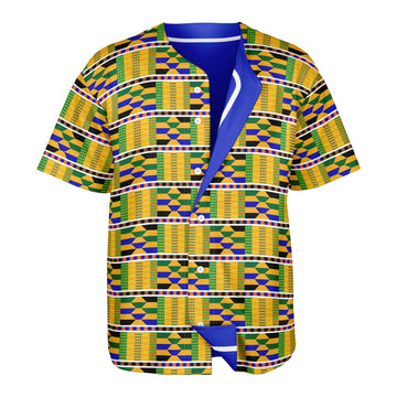 Yellow Kente Patterned & Blue Reversible Baseball Jersey