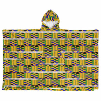 Yellow Kente Patterned Flannel Blanket Poncho