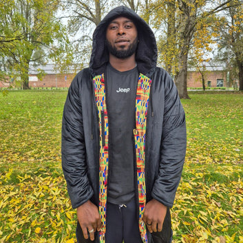 Black & Original Kente Patterned Lined Zipper Cloak