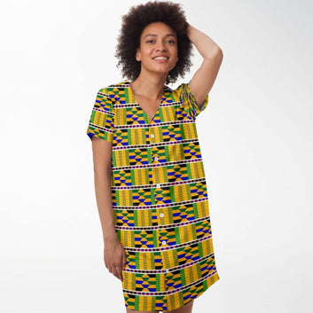 Yellow Kente Patterned Baseball Jersey Dress