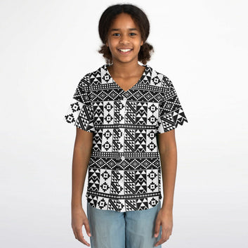 Black & White Kente Patterned Baseball Jersey - Kids