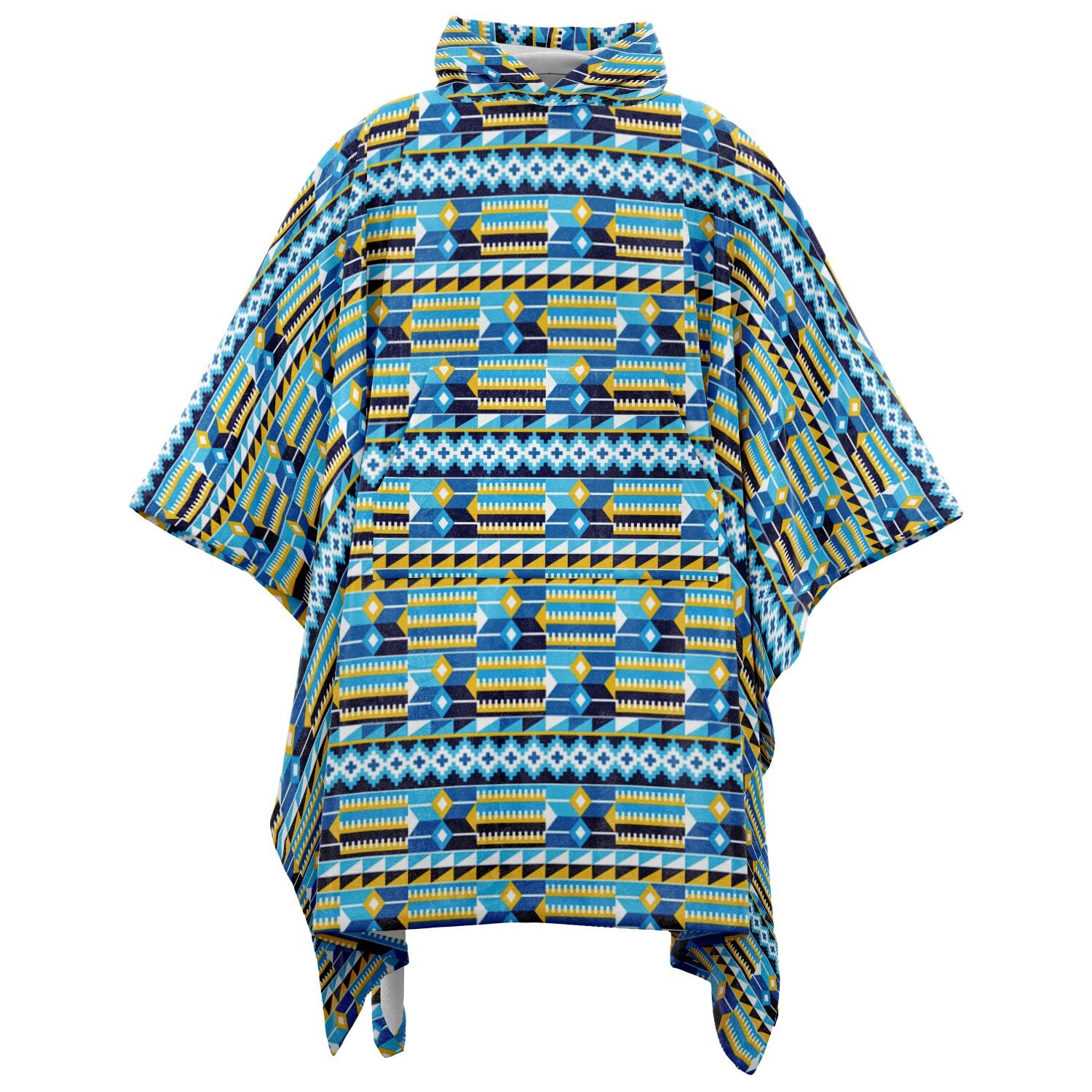 Blue Kente Patterned Flannel Blanket Poncho