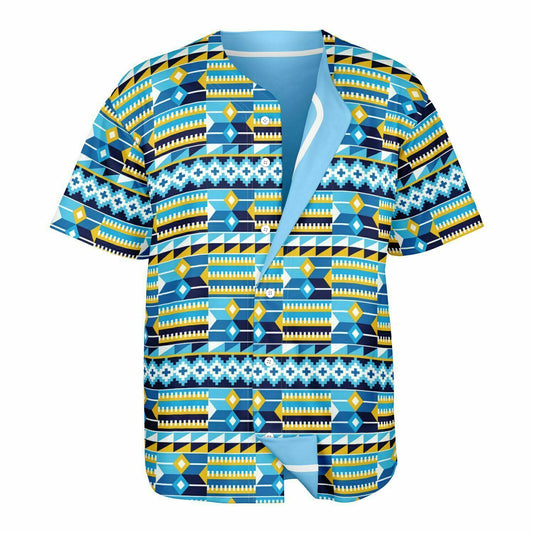 Blue Kente Patterned & Blue Reversible Baseball Jersey